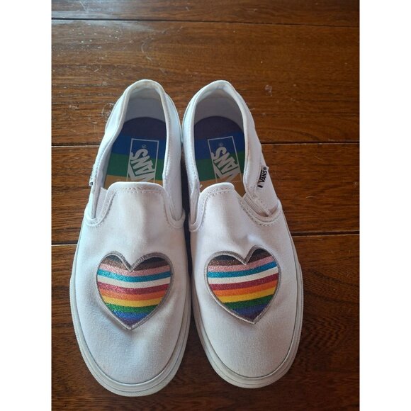 VANS Other - Vans Asher Pride Glitter White Rainbow Heart Slip-On Women's Sneakers Size 6 EUC